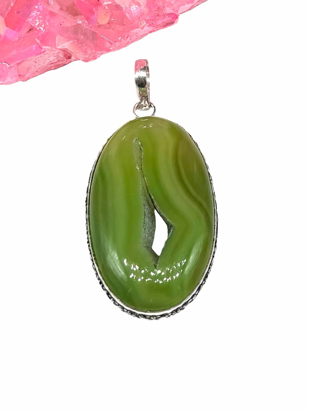 Green Botswana Window Agate Necklace Pendant 925 Sterling Silver Overlay